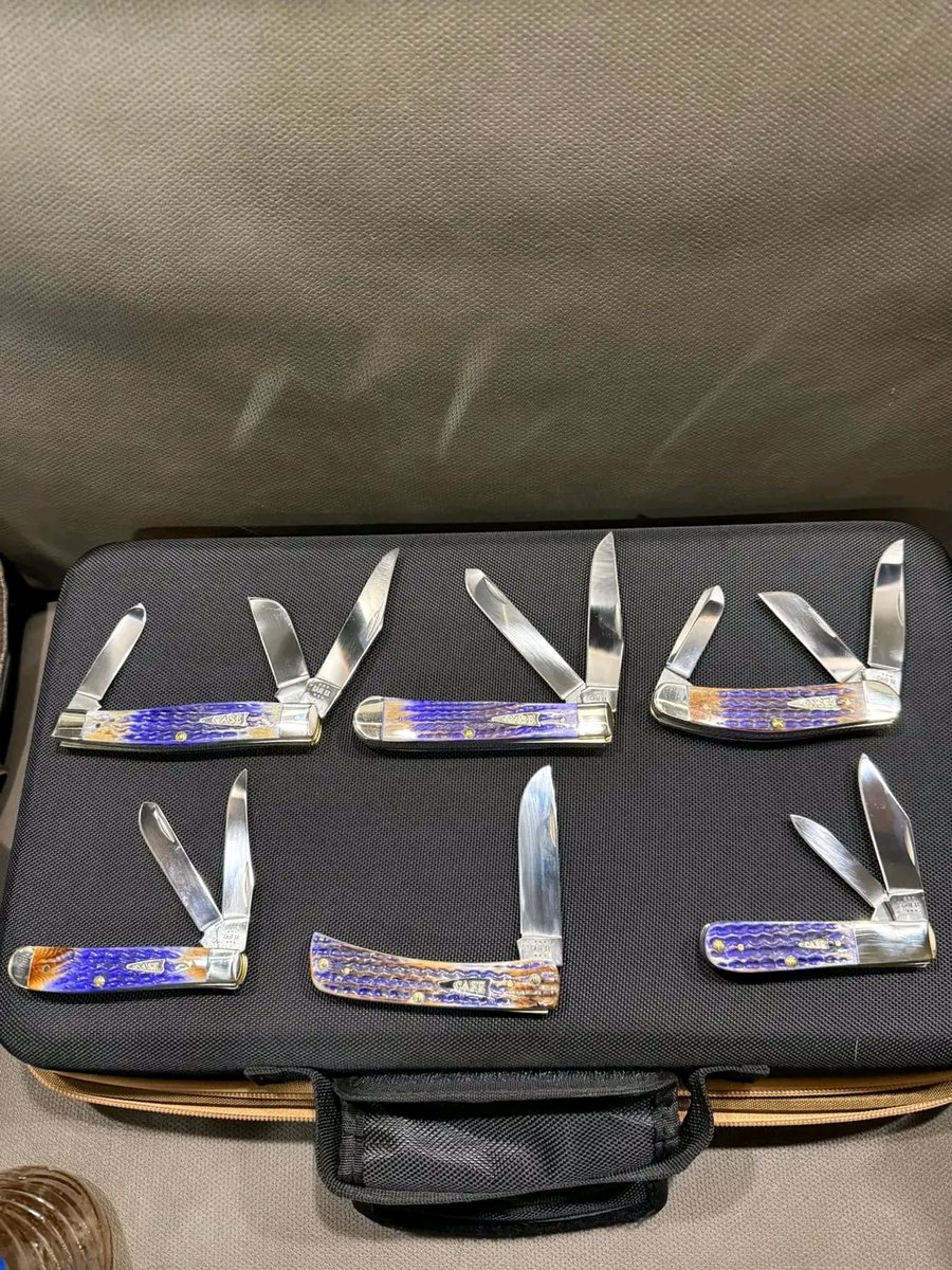 Case XX Blue Jigged Bone 6-Knife Collector Presentation Set with Handcrafted Wood Case - Brand New In Box Case XX Knife